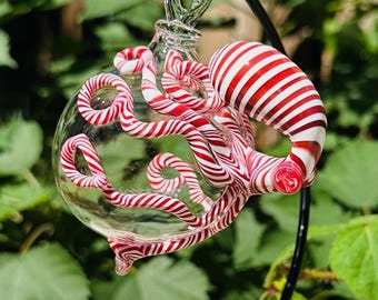 Octopus Christmas Ornament Hand Blown Clear Borosilicate Glass Candy Cane Octopi Holiday Inspired