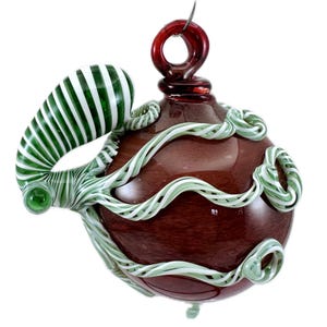 Octopus Ornament. Hand Blown Ruby Red Frit Glass with Flamework Emerald Green Candy Cane Octopi, Christmas Holiday. Custom Made to order