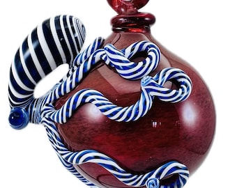 Octopus Ornament. IN STOCK ready to ship. Hand Blown Ruby Red Frit Glass with Flamework Cobalt Blue Candy Cane swirl Octopi,Christmas