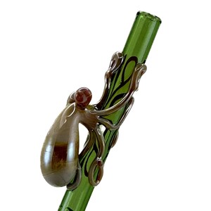 Octopus Glass Straw. Caramel Octopus on a Emerald Green 9&quot; Straw. BPA Free. Your Choice of Color. Custom Straw. Made to Order.