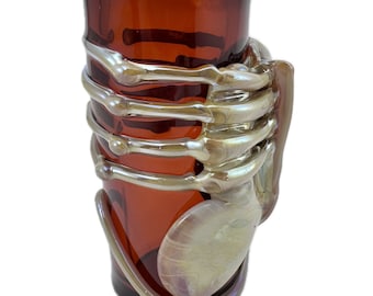 Facehugger Shot Glass. Hand Blown Amber 1 bar ware glass with Flamework Alien Xenomorph in Caramel.  Game Over Man. Made to Order