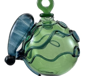 Octopus Ornament. Hand Blown Emerald Green Borosilicate Glass with Flamework Blue Stardust Octopi Christmas Tree decor.