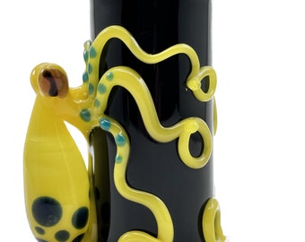 Octopus Shot Glass. Collectible Hand Blown Black 1 oz jar with Flamework Yellow Octopi and detailed . Made to order.