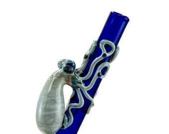 Octopus Glass Straw. Silver Amethyst Octopus on a Cobalt Blue 9" Straw. BPA Free. Your Choice of Color. Custom Straw. Made to Order.