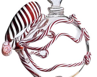 Octopus Ornament. Hand Blown Clear Borosilicate Glass with Flamework Candy Cane Octopi Christmas Tree decor. Perfect for the Holidays