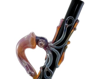 Glass Squid Straw. Reusable Eco Earth friendly Hand Blown Black straw Caramel Squid .  You Choose the Color. Made to Order with animal.