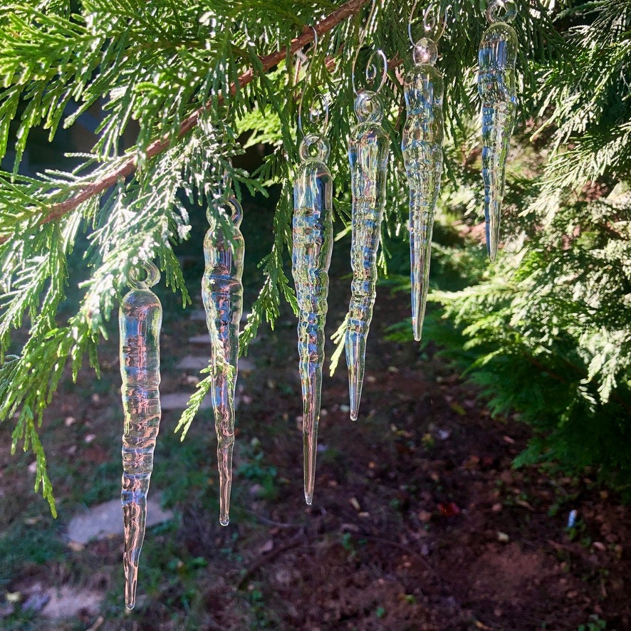 Set of 6 Glass Icicle Ornaments in Clear