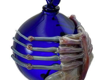 Facehugger Glass Ornament. Hand Blown Cobalt Blue Globe with Flamework Triple Passion Xenomorph from the Aliens Movie . Made to Order