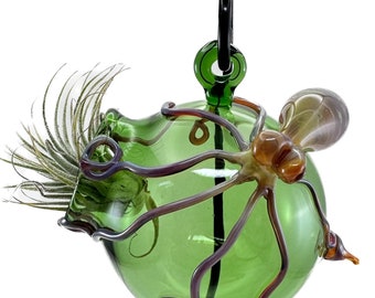 Octopus Glass Terrarium. Hand Blown Emerald Green Hanging Globe with Flamework Triple Passion Octopi. Great for Air Plants. Made to Order