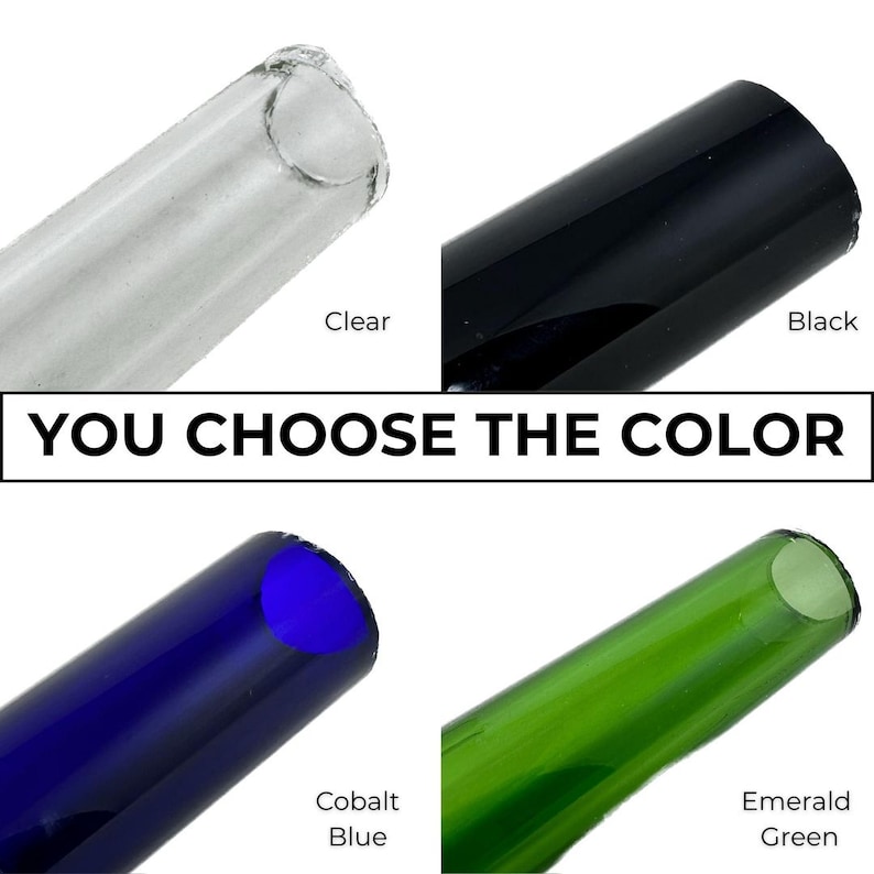 four different colored glass tubes, each labeled with its respective color: clear, black, blue, and green.