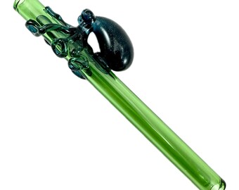 Octopus Boba or Smoothie Glass Short Straw. Blue Stardust Octopi on a Emerald Green 5 1/2” hand blown short 12mm wide Straw . Made to Order.