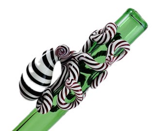 Octopus Boba or Smoothie Glass Short Straw. Candy Cane Octopi on an Emerald Green 5 1/2” hand blown short 12mm wide Straw . Made to Order.
