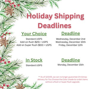 a holiday shipping information with a festive background featuring pine branches and red berries. The text provides details about shipping options and deadlines for customers, including standard USPS shipping, add-on Rush options, and a super Rush upgrade.