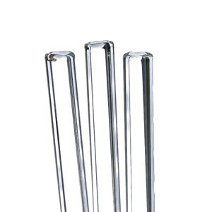 Three clear glass straws are arranged in a row against a white background.