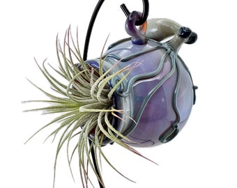 Octopus Glass Terrarium. Hand Blown Amber Purple Hanging Globe with Flamework Silver Amethyst Octopi. Great for Air Plants. Made to Order