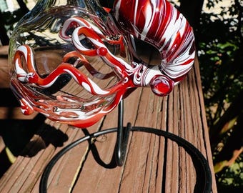 Octopus Ornament. Hand Blown Clear Borosilicate Glass with Flamework Camouflage Octopi in Ruby and White. Perfect for the Holidays