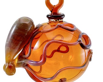 Octopus Ornament. Hand Blown Amber Borosilicate Glass with Flamework Triple Passion Octopi Christmas Tree decor.