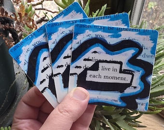 Blackout Poetry Sticker – "Live In Each Moment", Blue Abstract Art, Waterproof Vinyl Decal