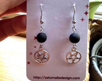 Silver Pentagram Dangle Earrings, Matte Black Beaded Witchy Jewelry