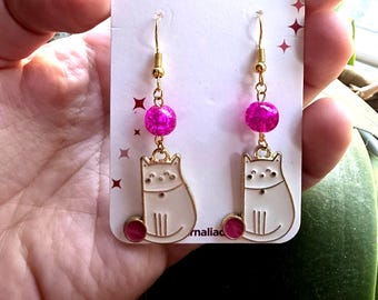 Gold Plated Enamel Cat Earrings, Pink Yarn, Handmade Pet Lover Gift