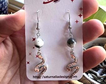 Moss Agate Snake Earrings, Silver-Plated, Handmade Boho Jewelry