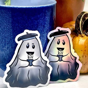 Stickers ASH THE GHOST, Sticker fantôme, fantôme buvant du café, Sticker vinyle pour bouteille d&#39;eau, cadeaux pour amis, Stickers Halloween
