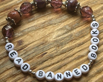 READ BANNED BOOKS, 7.75-inch bracelet, glass and crystal beads, purple and silver, literary activism, booktok jewelry, bookstagram accessory