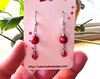 Handmade Red Marble Glass & Crystal Dangle Earrings, Silver Plated Hooks