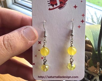 Yellow Beaded Earrings, Silver Plated Hooks, Boho Minimalist Jewelry