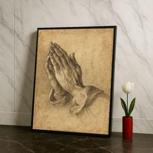 Praying Hands Sketch Canvas Wall Art Print  Spiritual Living Room Decor  Statement Piece