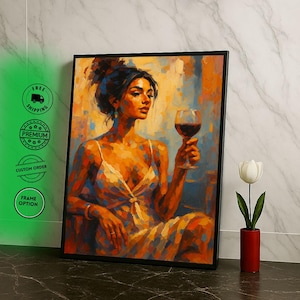 Elegant Woman with Wine Portrait Canvas Wall Art  Vibrant Living Room Decor  Luxury Gift