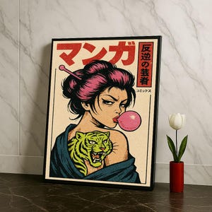 Anime Mädchen mit Tiger Tattoo Leinwand Wand Kunst Druck Lebendige Pop Art Wohnzimmer Dekor Statement Piece