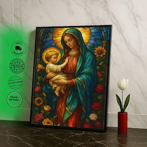 Radiant Madonna and Child Canvas Wall Art Print  Vibrant Religious Living Room Decor  Statement Piece
