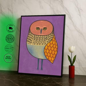 Colorful Abstract Owl Canvas Wall Art Print  Modern Boho Living Room Decor  Statement Piece