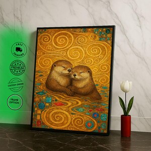 Romantic Otter Couple Canvas Wall Art Print  Whimsical Abstract Bedroom Wall Decor  Ready to Hang