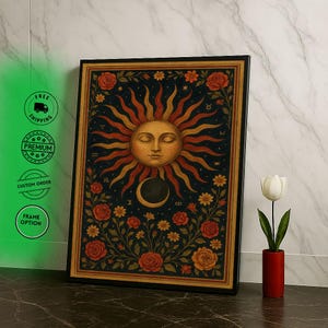 Radiant Sun and Moon Canvas Wall Art Print  Boho Floral Living Room Decor  Statement Piece