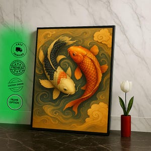 Impresión artística de pared en lienzo con diseño de pez koi místico, estilo oriental Yin Yang, pieza decorativa para sala de estar