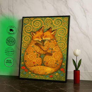 Impressão de arte de parede em tela &quot;Whimsical Foxes Embrace&quot;, decoração vibrante para parede de quarto, pronta para pendurar