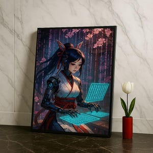 Impressão de arte de parede em tela futurista de gueixa cibernética, decoração de parede de quarto japonesa de ficção científica, presente perfeito para amantes da arte moderna