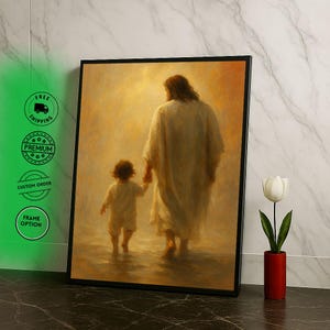 Radiant Jesus Walking with Child Canvas Wall Art Print  Spiritual Living Room Decor  Statement Piece