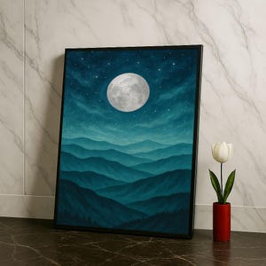 Serene Moonlit Mountain Landscape Canvas Wall Art Print  Blue Living Room Decor  Ready to Hang