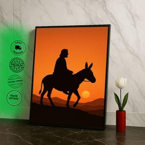 Radiant Jesus on Donkey Canvas Wall Art Print  Warm Living Room Decor  Statement Piece