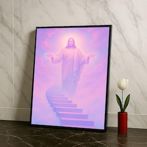 Radiant Jesus on Stairway to Heaven Canvas Wall Art Print  Spiritual Living Room Decor  Statement Piece