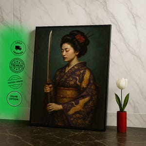 Graceful Samurai Woman in Kimono Canvas Wall Art Print  Elegant Living Room Decor  Statement Piece