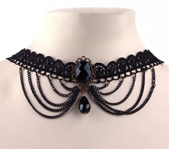 Black Lace Vintage Style Choker Necklace Ln682 Bronze Chain | Etsy