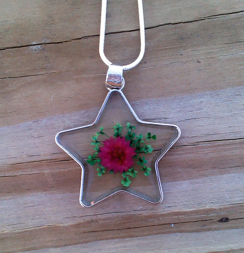 Organic Victorian Dried Flowers Encased in Resin Silver STAR Pendant Ln1065 Rustic Botantical by Lynn Terrarium Dried Flower jewelry