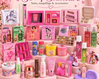 Puede incluir: Una colección de diversos productos de belleza y cuidado de la piel que incluye brillos labiales, exfoliantes corporales, mascarillas, paletas de sombras, sprays corporales y un joyero, dispuestos en plataformas rosas con el texto Scoop Skincare.