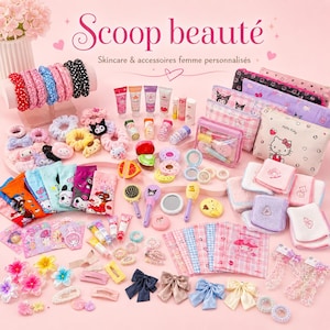 Op de afbeelding: Een verzameling huidverzorgings- en schoonheidsaccessoires met Hello Kitty- en My Melody-thema's. De set bevat tasjes met patronen, haarelastiekjes, clips, strikken, kleine spiegels, borstels, gezichtshanddoeken en diverse huidverzorgingstubes.