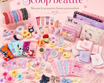 Peut inclure: Une collection d'accessoires de soin et de beauté sur le thème de Hello Kitty et My Melody. L'ensemble comprend des pochettes à motifs, des chouchous, des pinces, des nœuds, des miroirs, des brosses, des serviettes et divers tubes de soins.