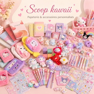 Peut inclure: Une collection de papeterie et accessoires avec Hello Kitty et ses amis. Inclut des trousses en peluche, carnets à spirales, stylos, autocollants et figurines dans des tons rose, violet et blanc avec le texte Scoop kawaii.